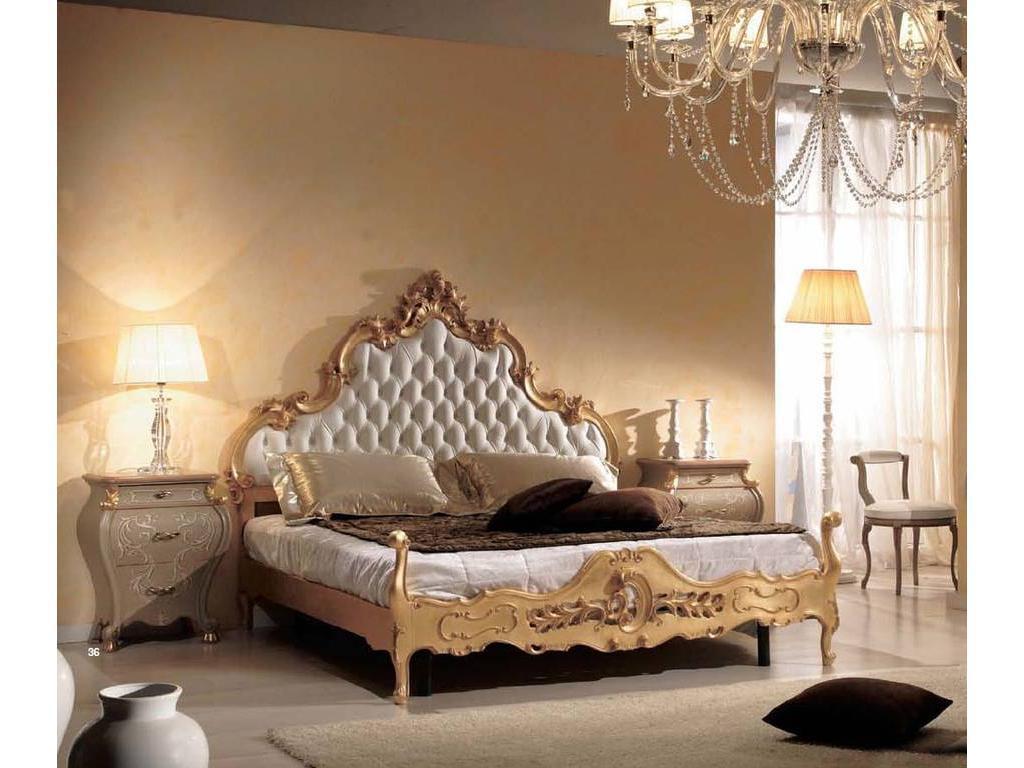 кровать двуспальная Capitone ткань Paradise Tarocco Vaccari  [P763] белый лак, золото